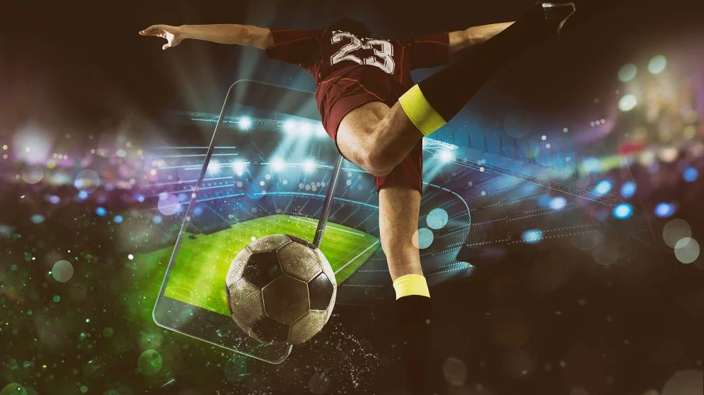 Ilustrasi layar olahraga mobile dengan informasi pertandingan dan skor